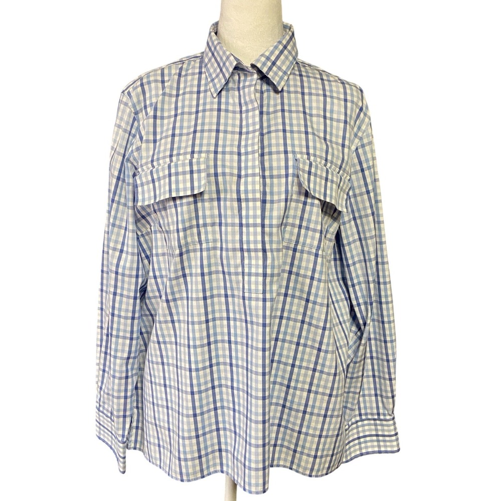 Lands' End Shirt Womens 18 Blue Check No Iron Oxford Button Up Long Sleeve